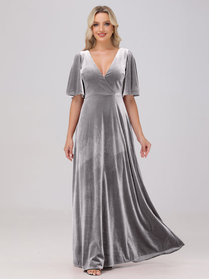 A-Line V-Neck Short Sleeves Velvet Bridesmaid Dresses