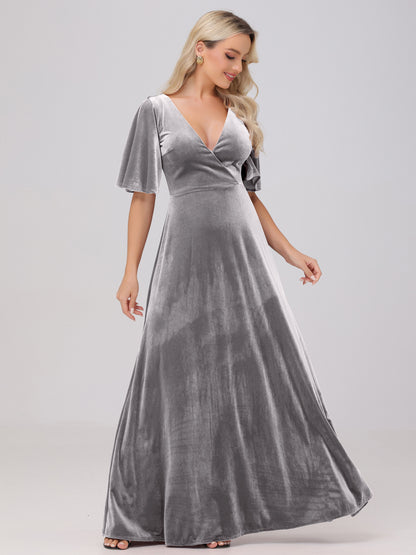 A-Line V-Neck Short Sleeves Velvet Bridesmaid Dresses