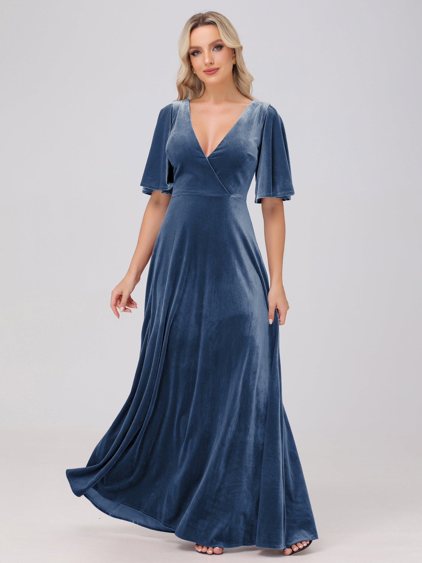 A-Line V-Neck Short Sleeves Velvet Bridesmaid Dresses