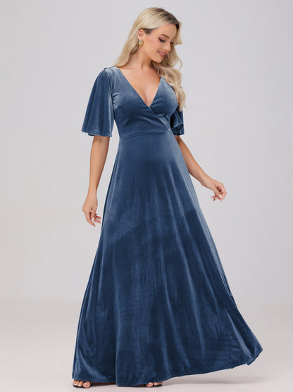 A-Line V-Neck Short Sleeves Velvet Bridesmaid Dresses