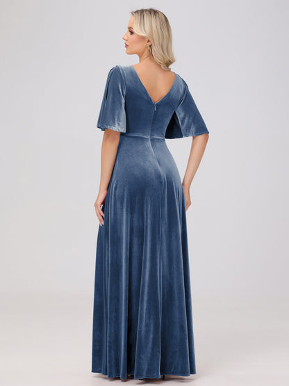 A-Line V-Neck Short Sleeves Velvet Bridesmaid Dresses