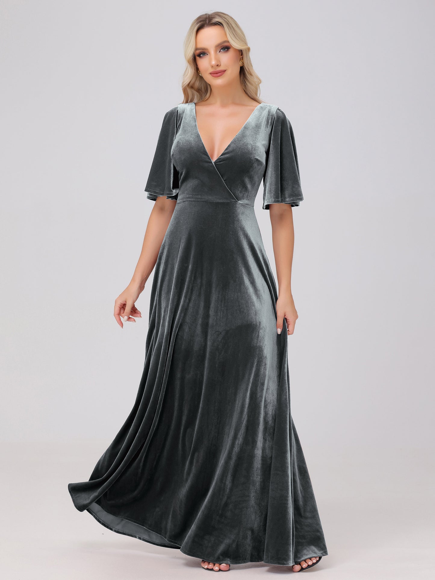 A-Line V-Neck Short Sleeves Velvet Bridesmaid Dresses