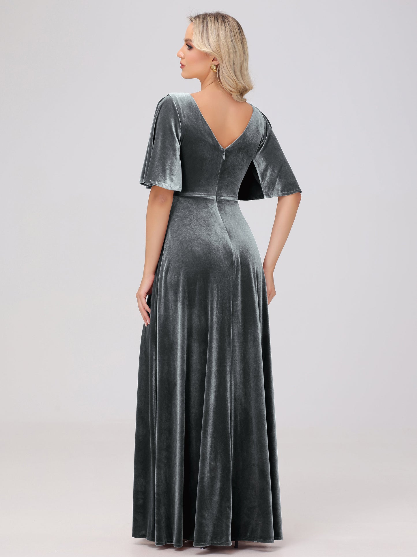 A-Line V-Neck Short Sleeves Velvet Bridesmaid Dresses