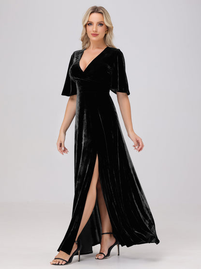 A-Line V-Neck Short Sleeves Velvet Bridesmaid Dresses with Slit