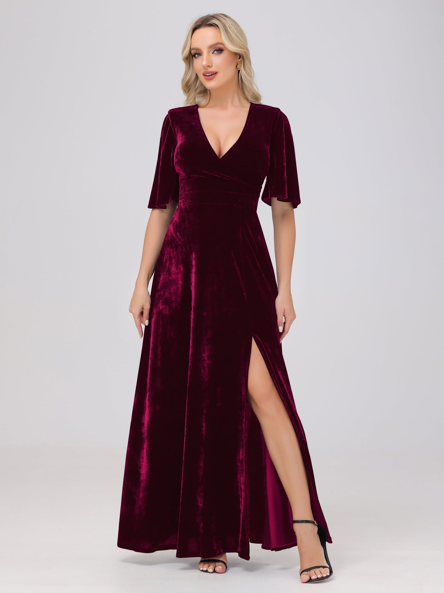 A-Line V-Neck Short Sleeves Velvet Bridesmaid Dresses with Slit