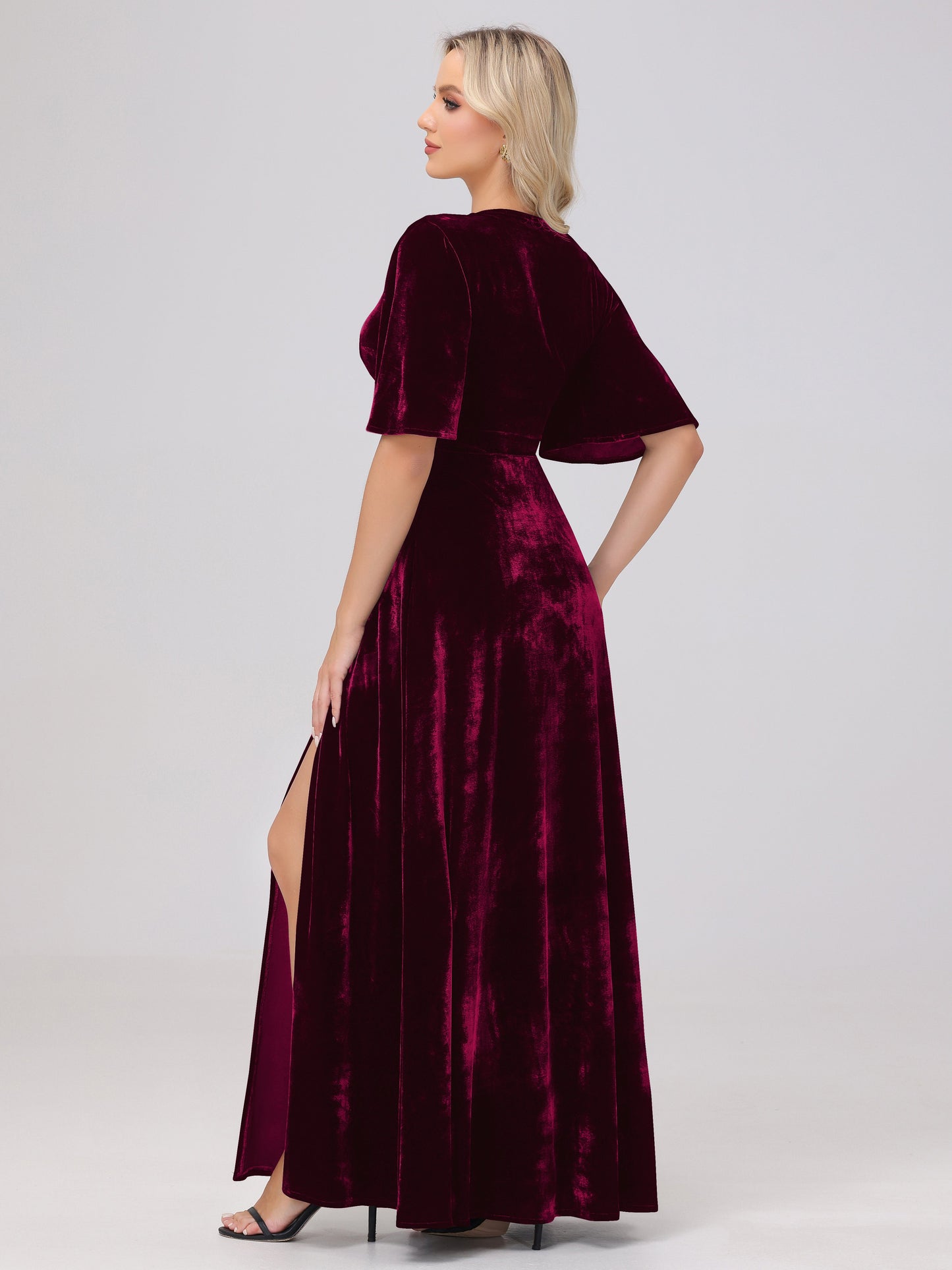 A-Line V-Neck Short Sleeves Velvet Bridesmaid Dresses with Slit