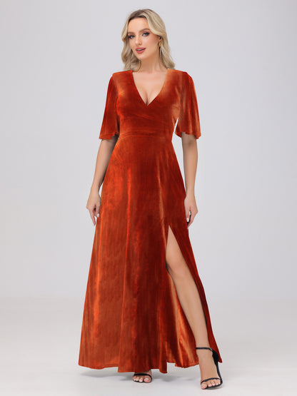 A-Line V-Neck Short Sleeves Velvet Bridesmaid Dresses with Slit