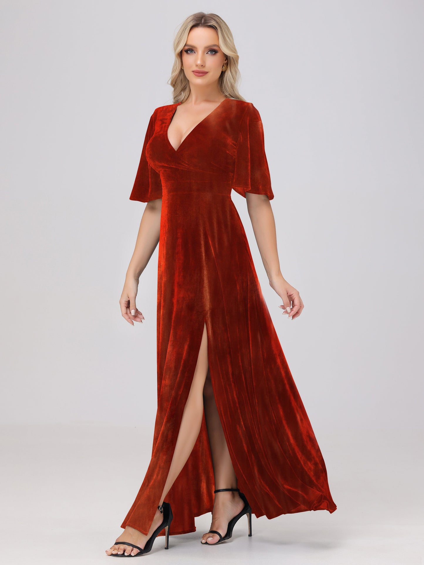 A-Line V-Neck Short Sleeves Velvet Bridesmaid Dresses with Slit
