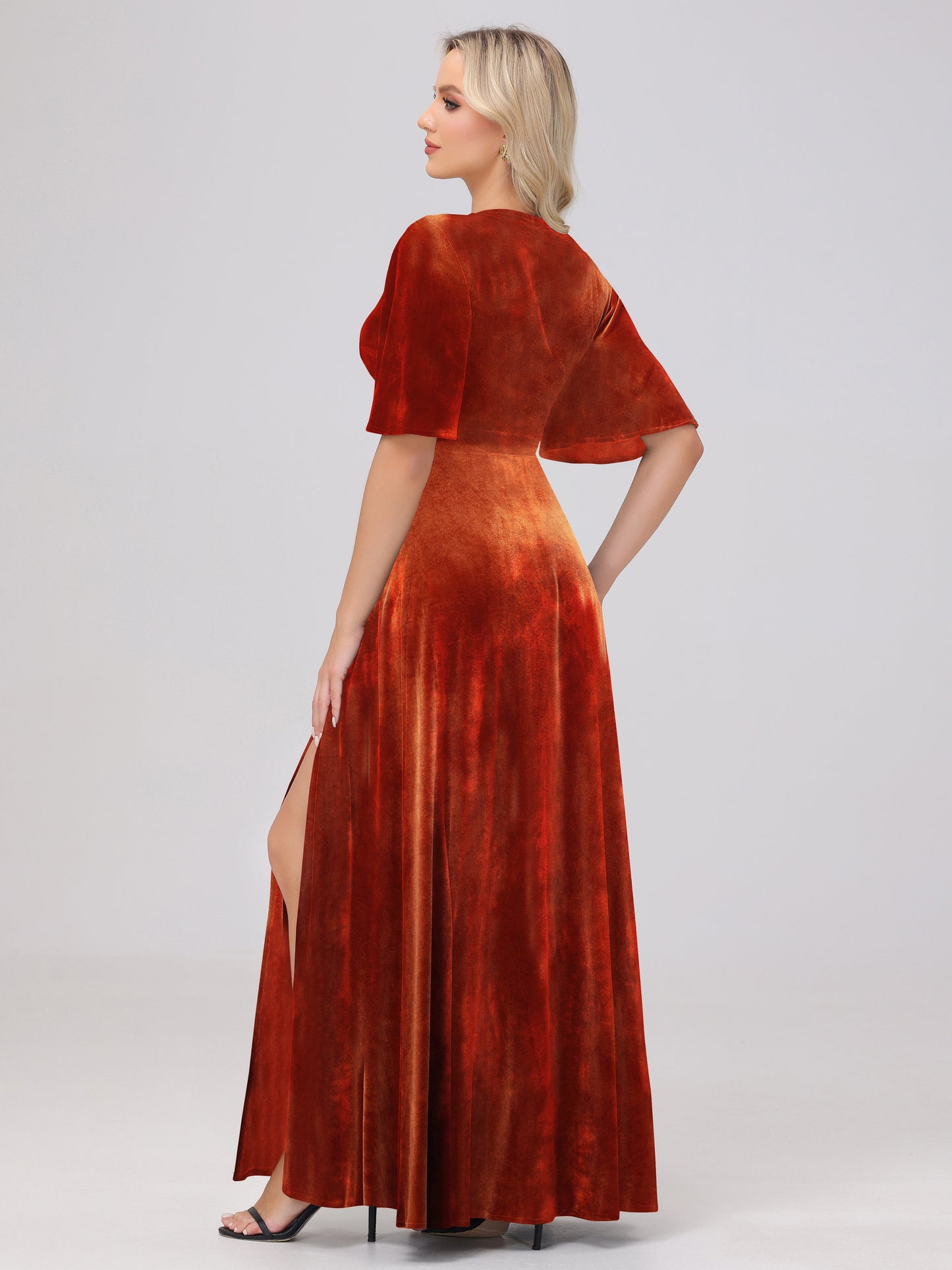 A-Line V-Neck Short Sleeves Velvet Bridesmaid Dresses with Slit