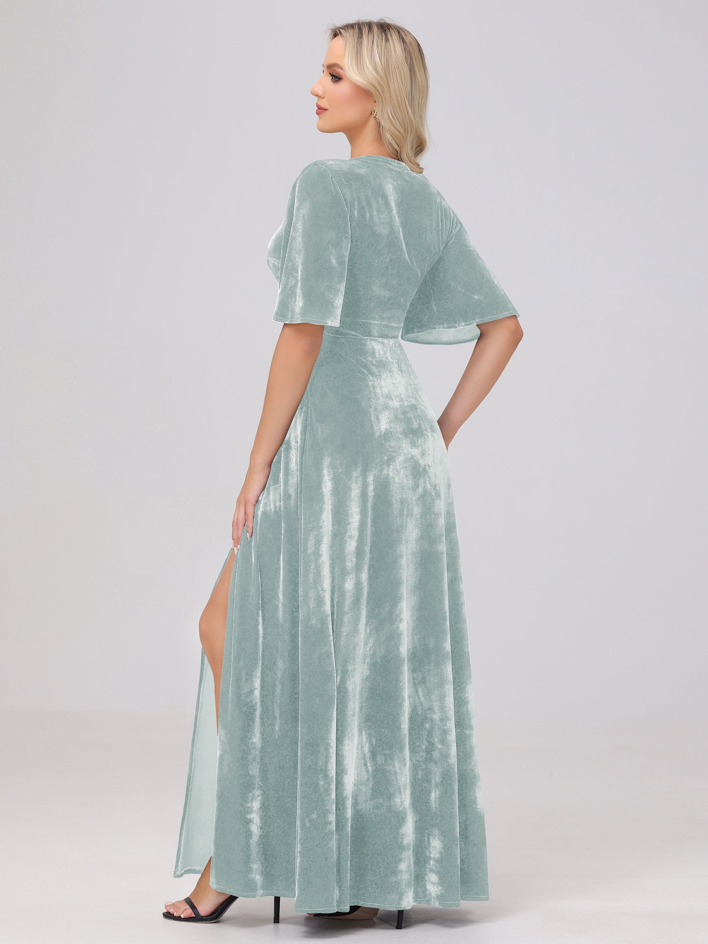 A-Line V-Neck Short Sleeves Velvet Bridesmaid Dresses with Slit