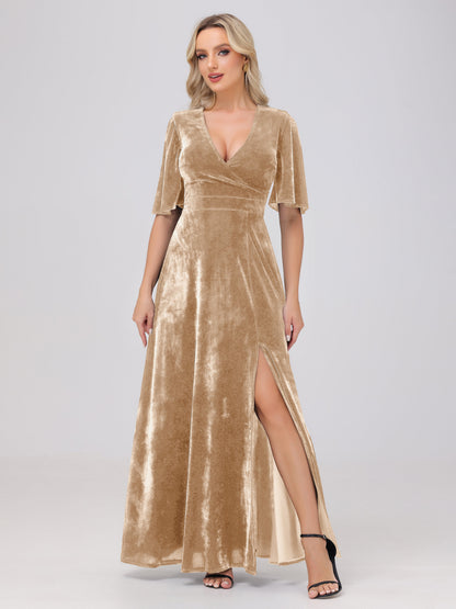 A-Line V-Neck Short Sleeves Velvet Bridesmaid Dresses with Slit