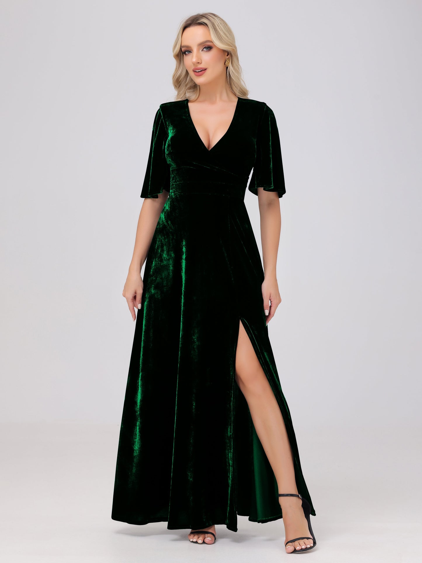 A-Line V-Neck Short Sleeves Velvet Bridesmaid Dresses with Slit