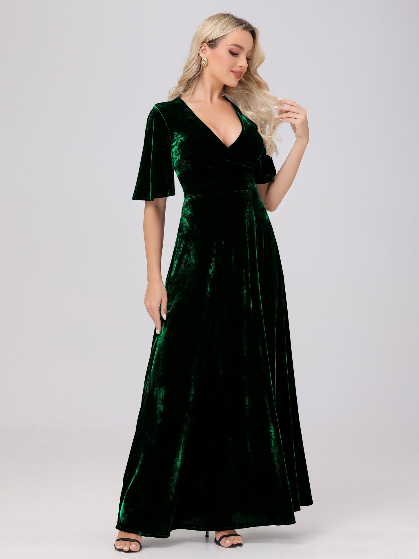 A-Line V-Neck Short Sleeves Velvet Bridesmaid Dresses with Slit