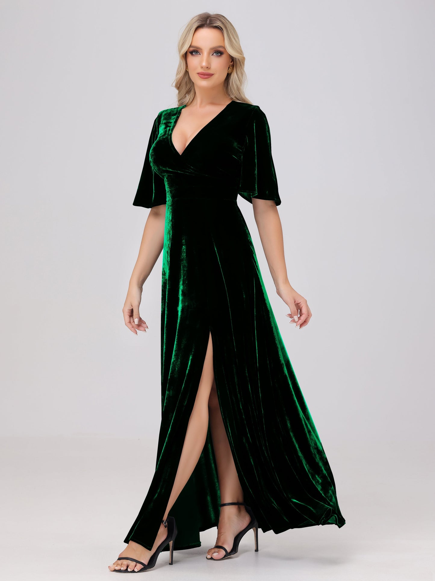 A-Line V-Neck Short Sleeves Velvet Bridesmaid Dresses with Slit