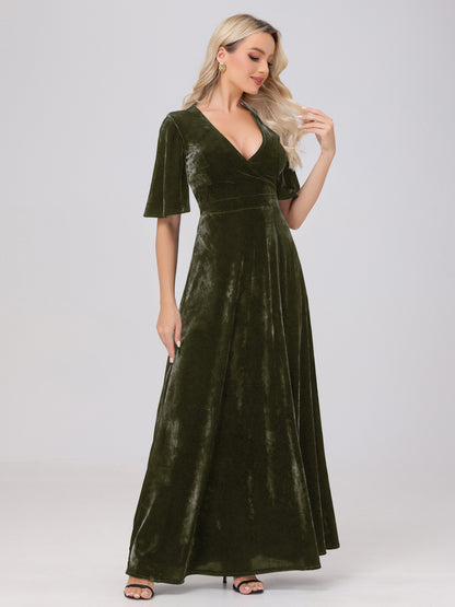 A-Line V-Neck Short Sleeves Velvet Bridesmaid Dresses with Slit