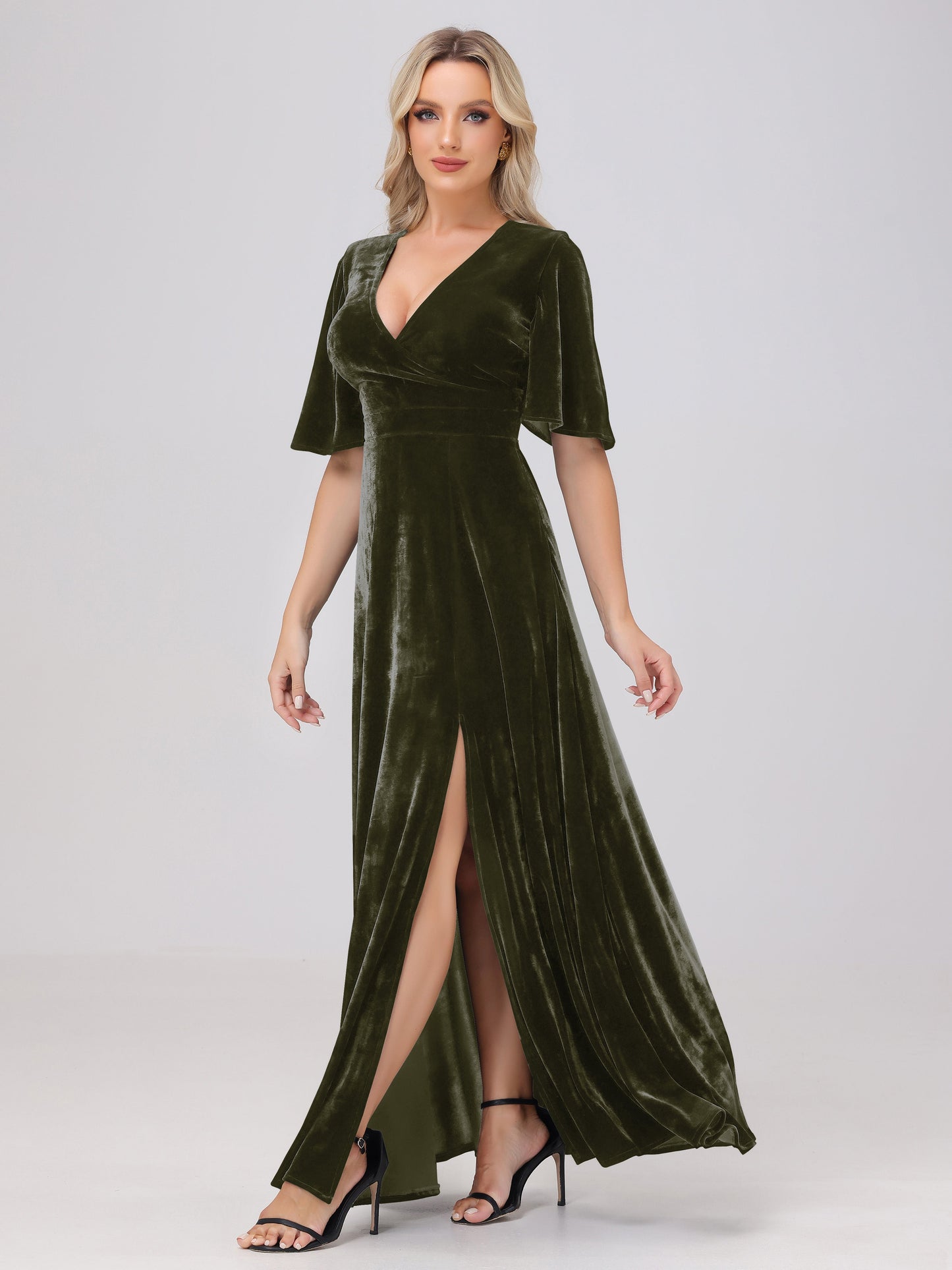 A-Line V-Neck Short Sleeves Velvet Bridesmaid Dresses with Slit
