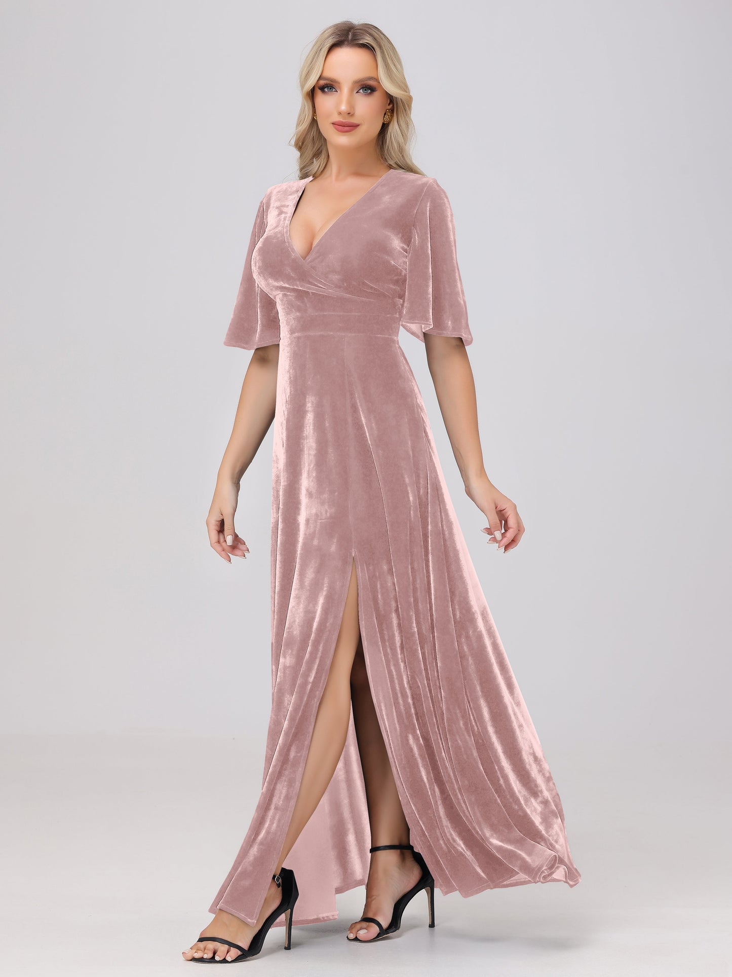 A-Line V-Neck Short Sleeves Velvet Bridesmaid Dresses with Slit