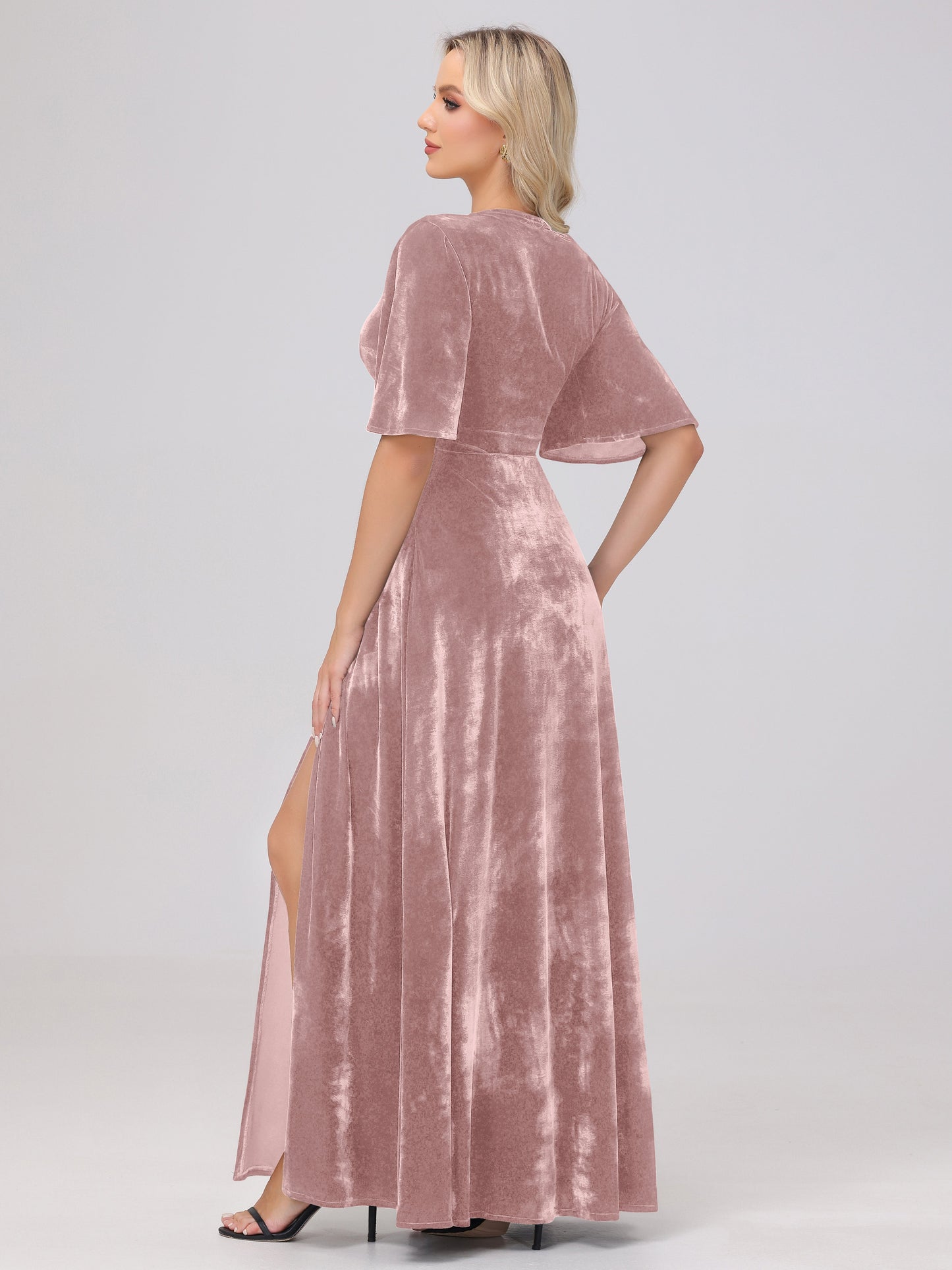 A-Line V-Neck Short Sleeves Velvet Bridesmaid Dresses with Slit