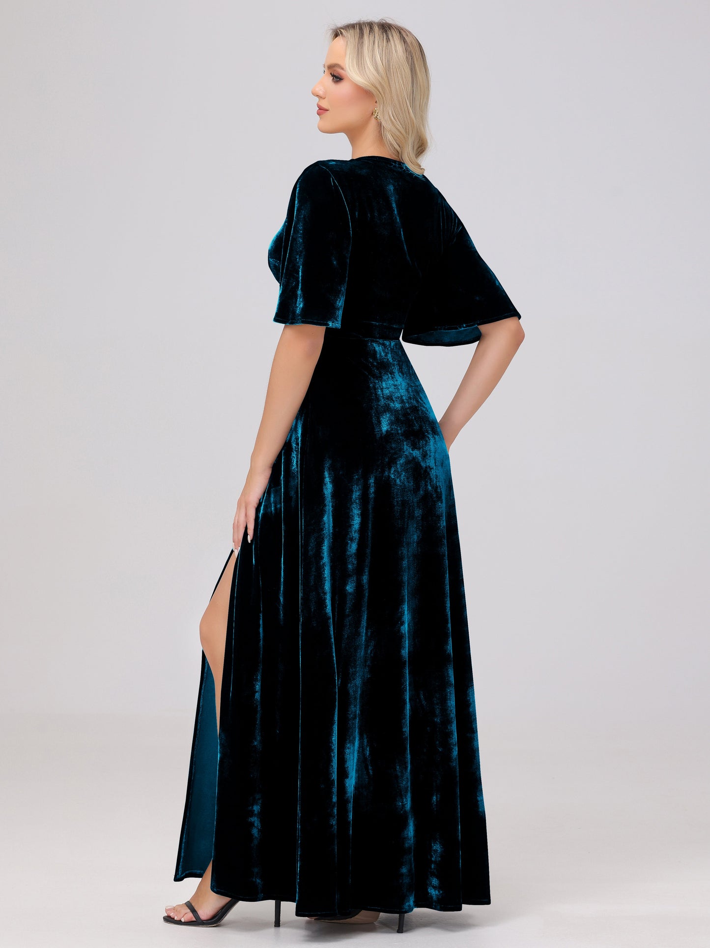 A-Line V-Neck Short Sleeves Velvet Bridesmaid Dresses with Slit