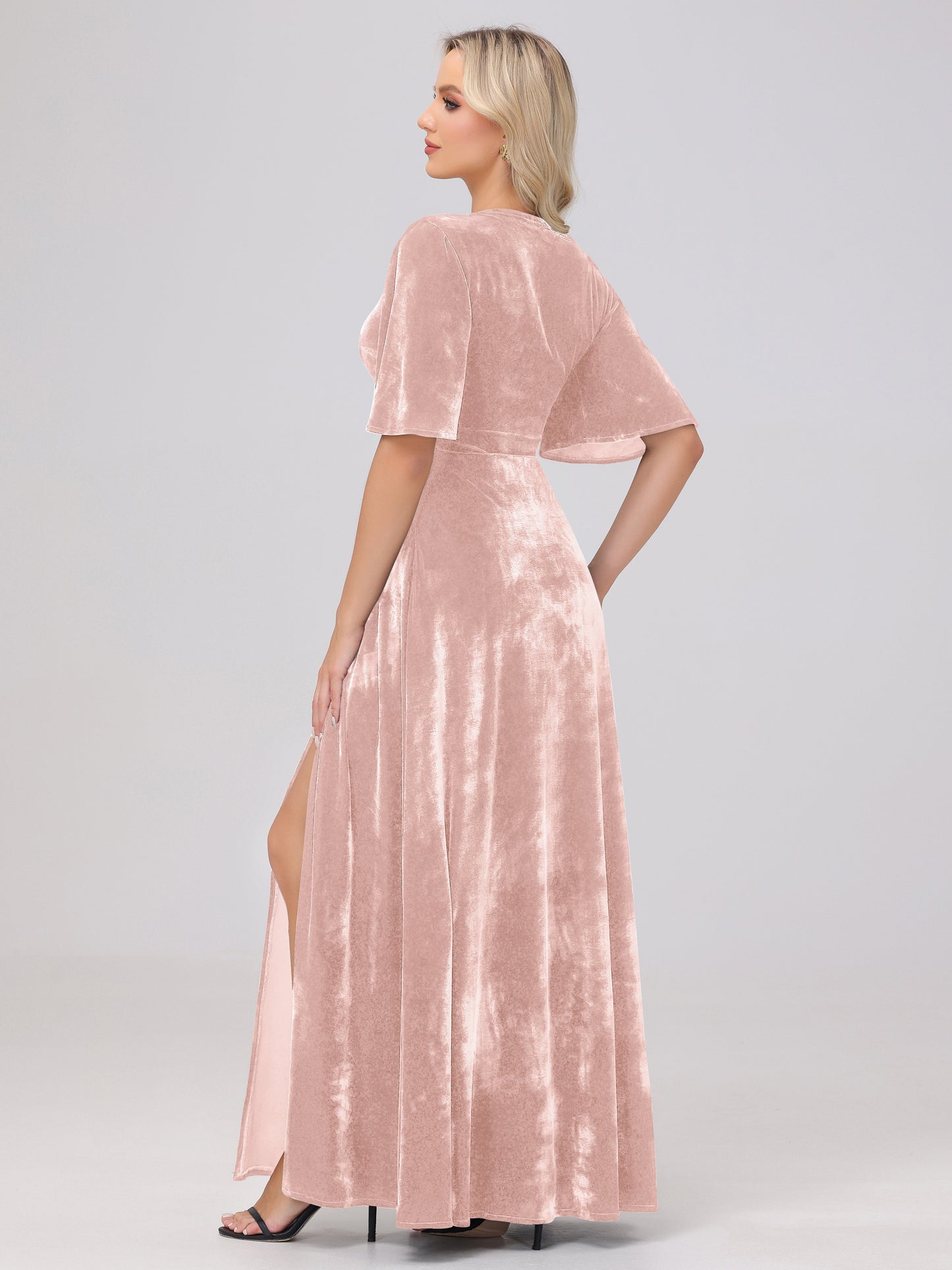 A-Line V-Neck Short Sleeves Velvet Bridesmaid Dresses with Slit