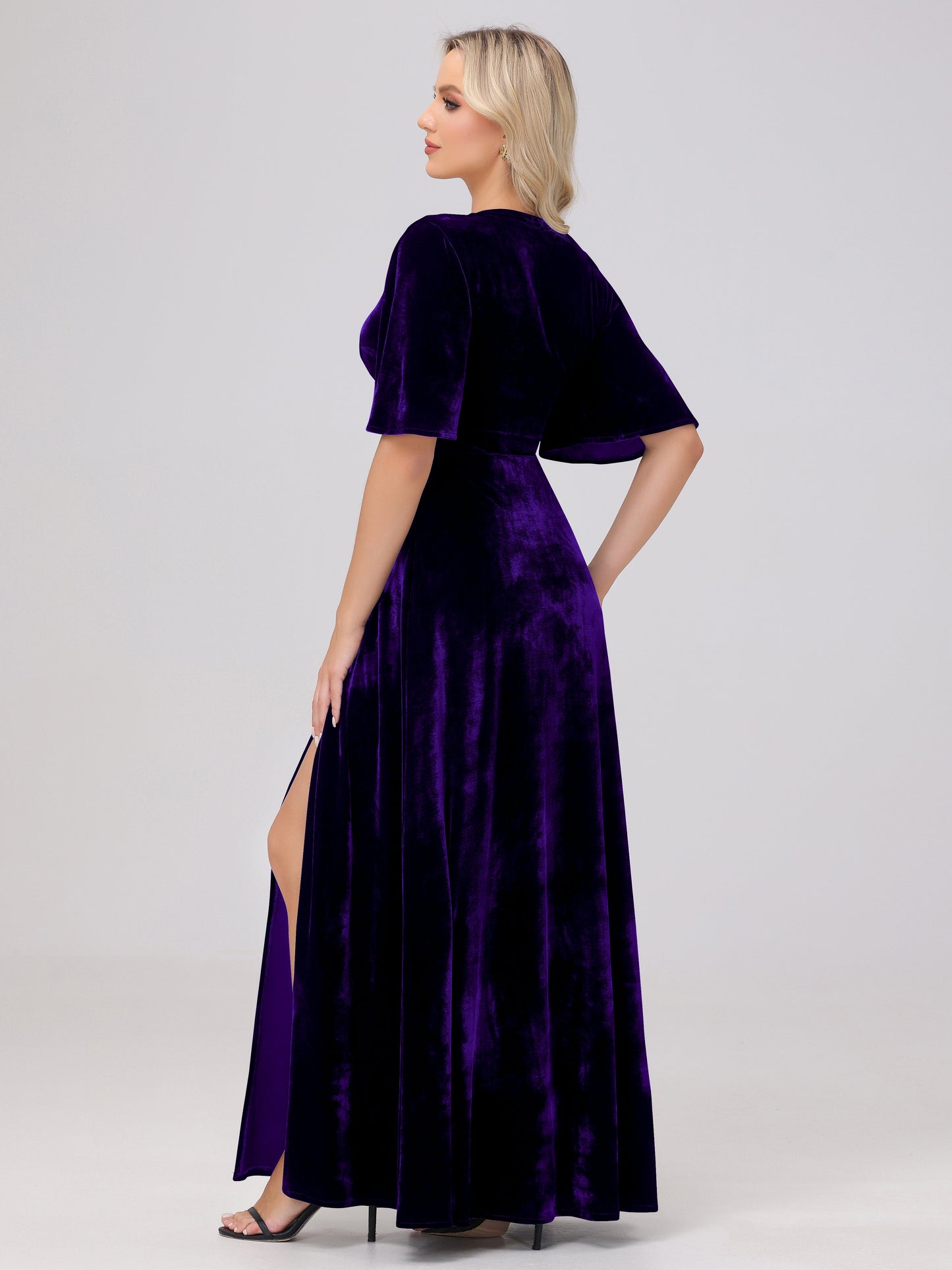 A-Line V-Neck Short Sleeves Velvet Bridesmaid Dresses with Slit