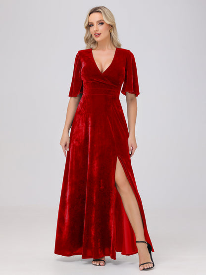 A-Line V-Neck Short Sleeves Velvet Bridesmaid Dresses with Slit