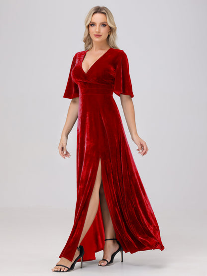 A-Line V-Neck Short Sleeves Velvet Bridesmaid Dresses with Slit