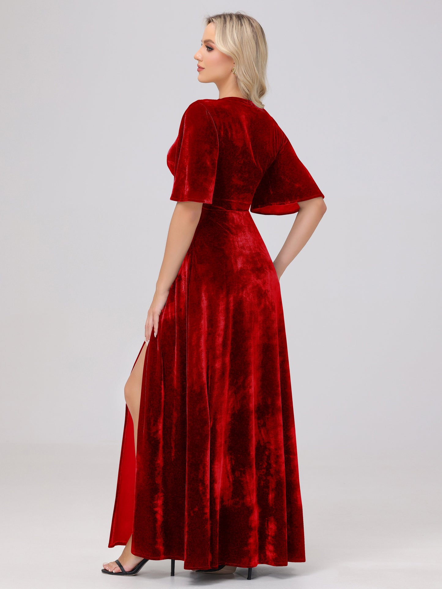 A-Line V-Neck Short Sleeves Velvet Bridesmaid Dresses with Slit
