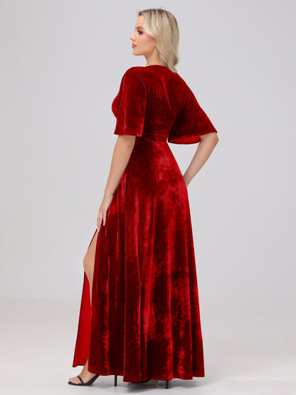A-Line V-Neck Short Sleeves Velvet Bridesmaid Dresses with Slit