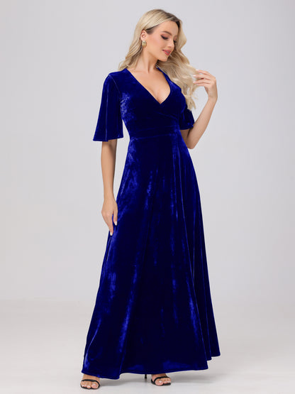 A-Line V-Neck Short Sleeves Velvet Bridesmaid Dresses with Slit