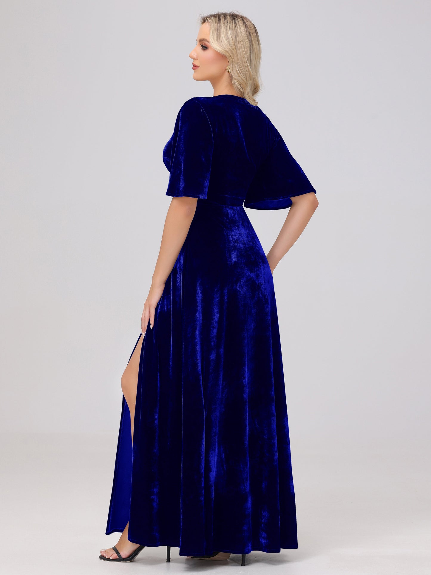A-Line V-Neck Short Sleeves Velvet Bridesmaid Dresses with Slit