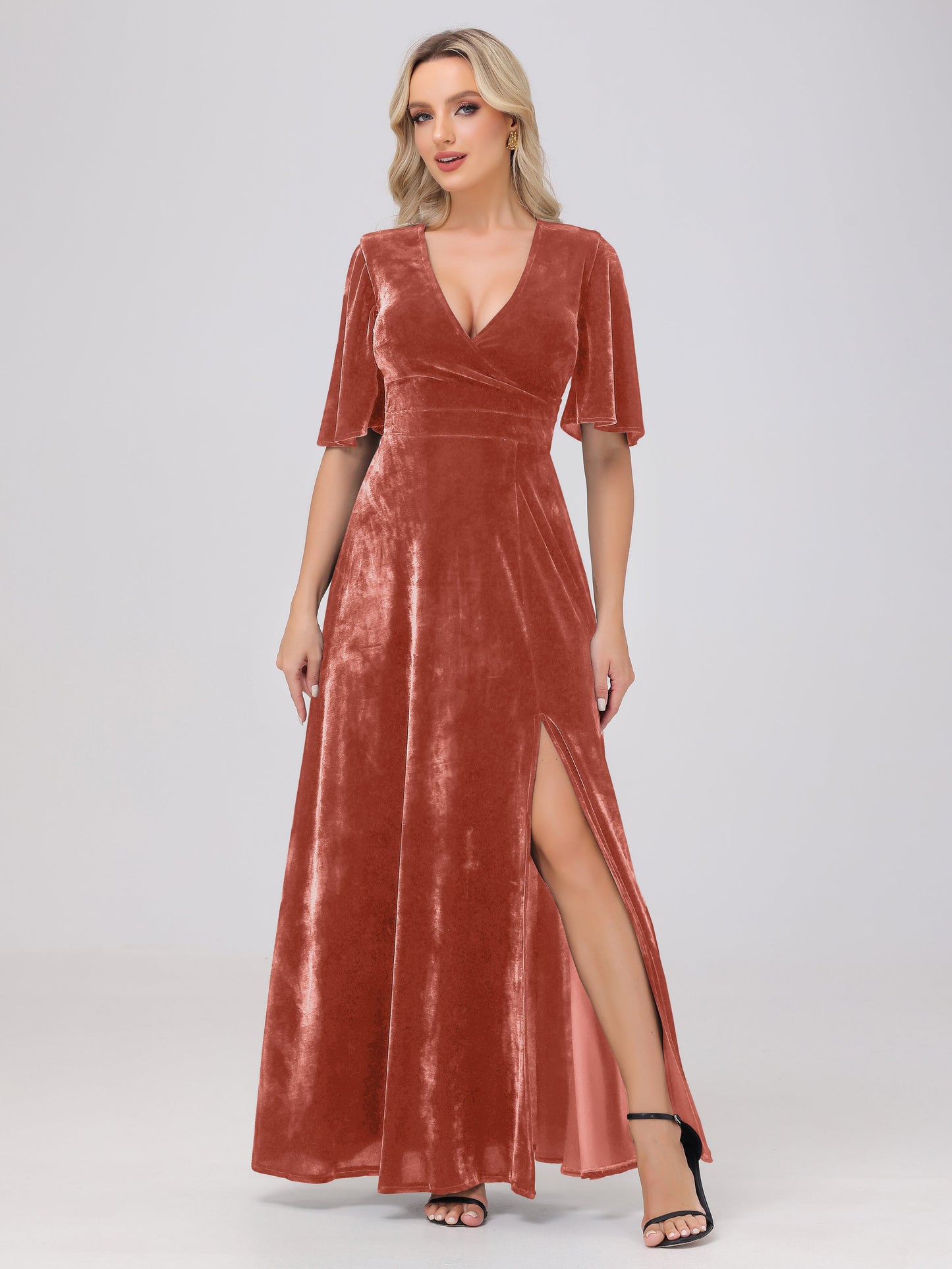A-Line V-Neck Short Sleeves Velvet Bridesmaid Dresses with Slit