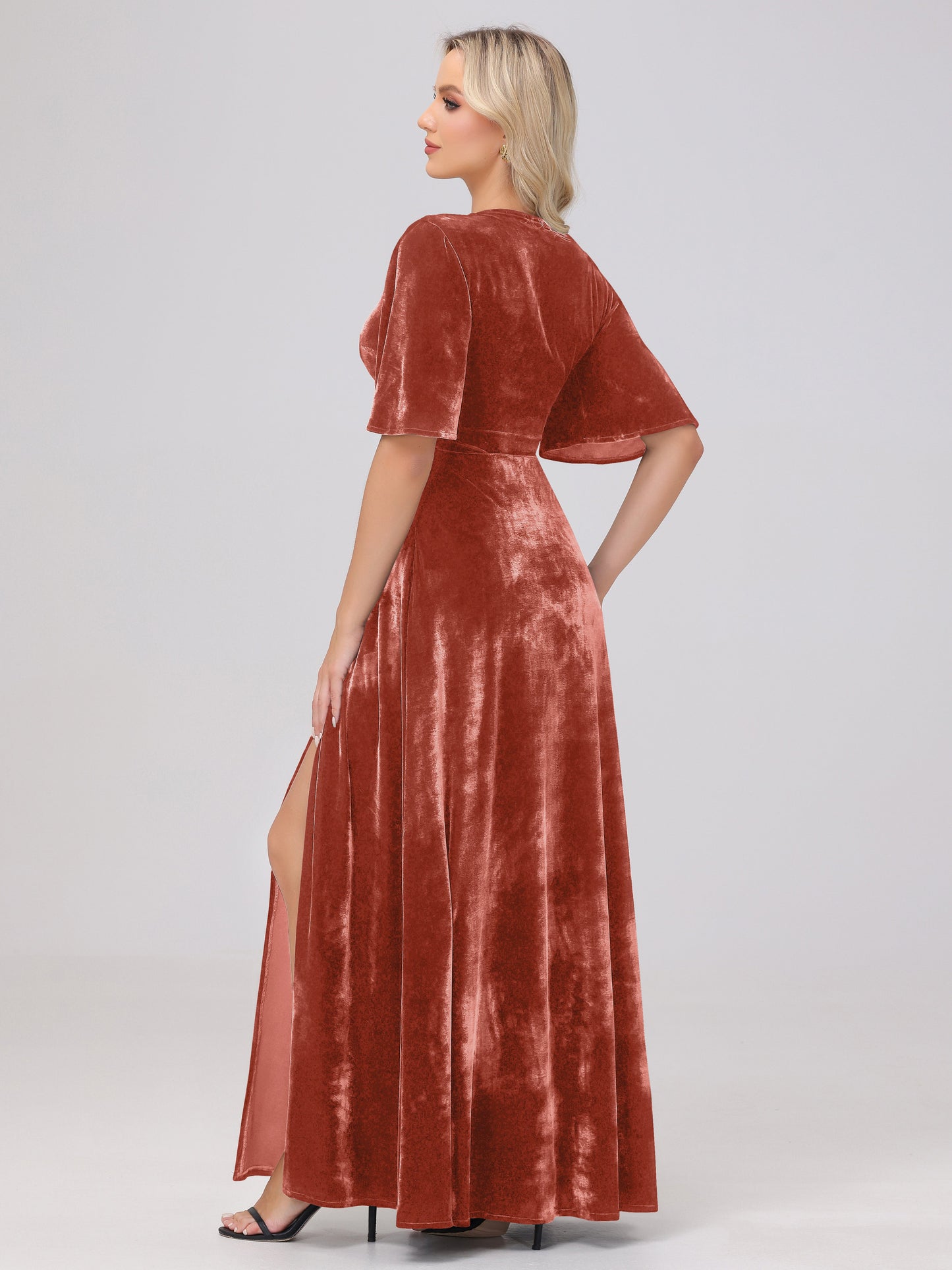 A-Line V-Neck Short Sleeves Velvet Bridesmaid Dresses with Slit
