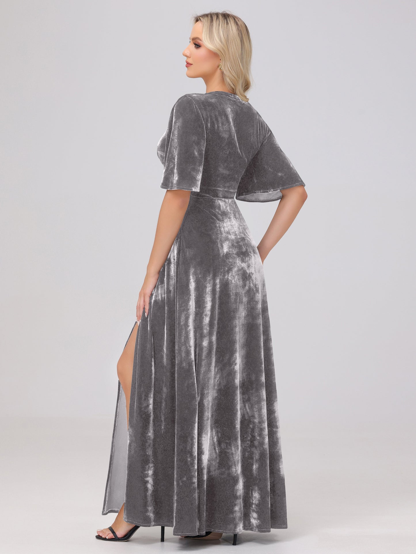 A-Line V-Neck Short Sleeves Velvet Bridesmaid Dresses with Slit