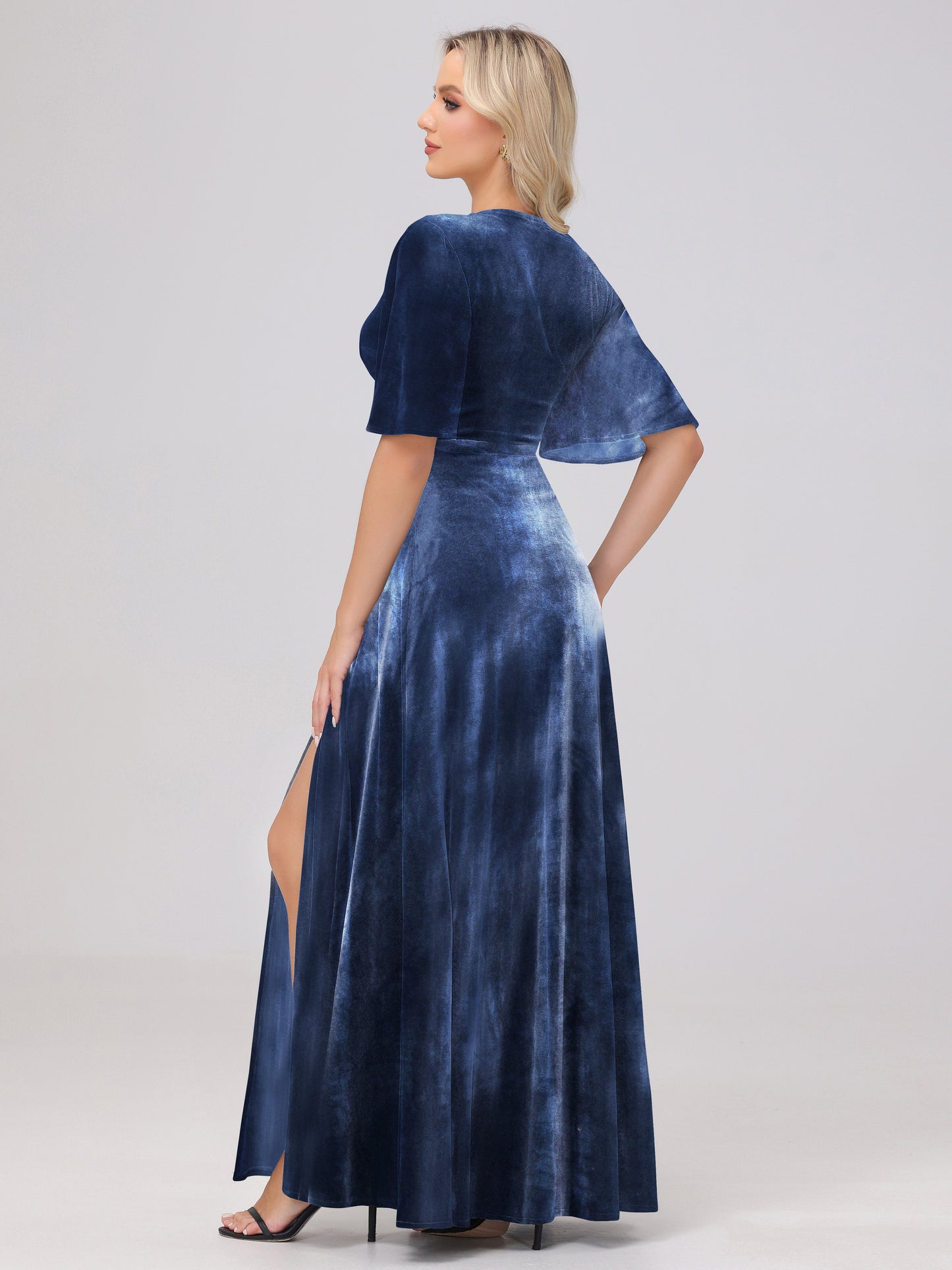 A-Line V-Neck Short Sleeves Velvet Bridesmaid Dresses with Slit