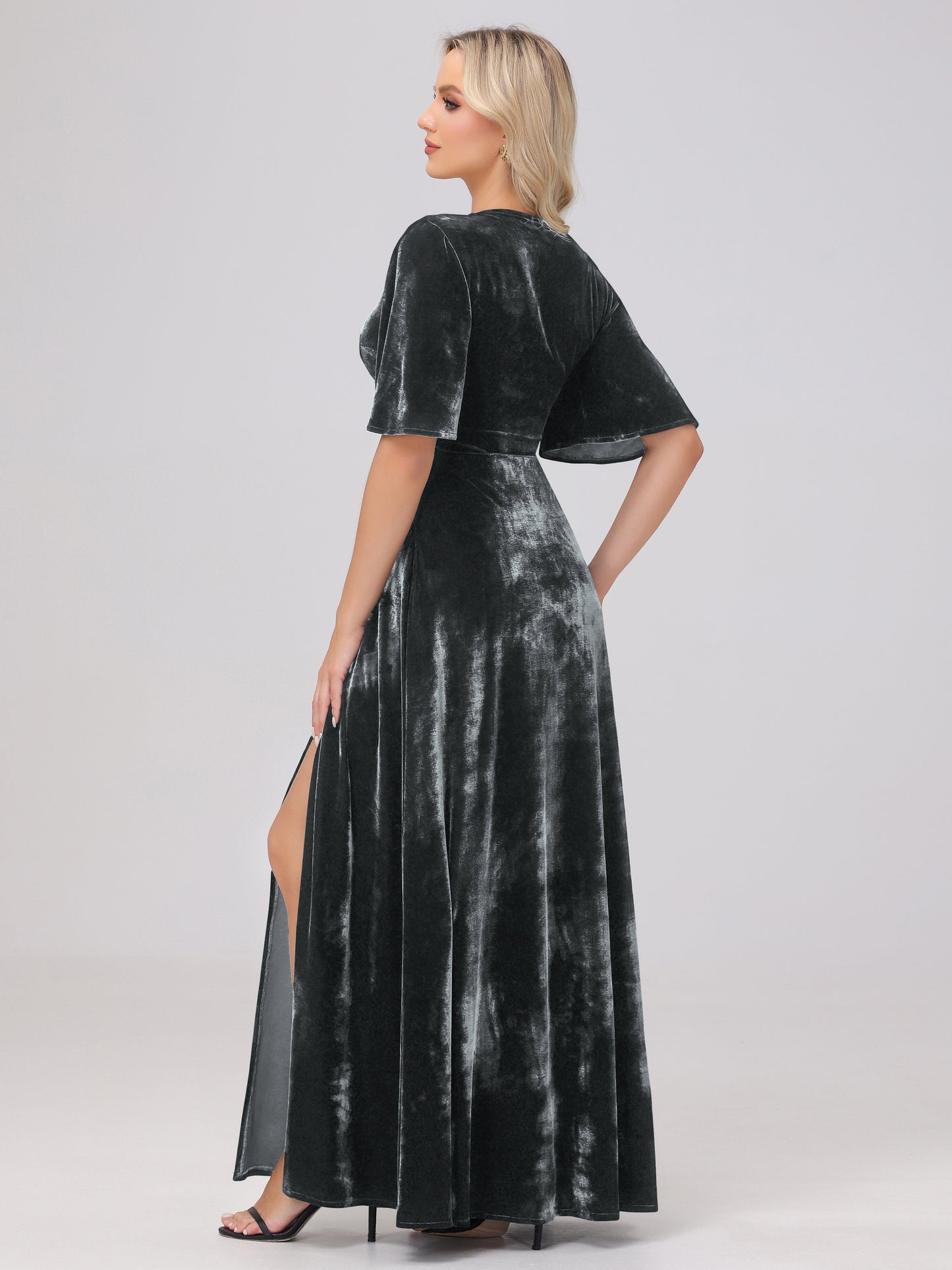 A-Line V-Neck Short Sleeves Velvet Bridesmaid Dresses with Slit