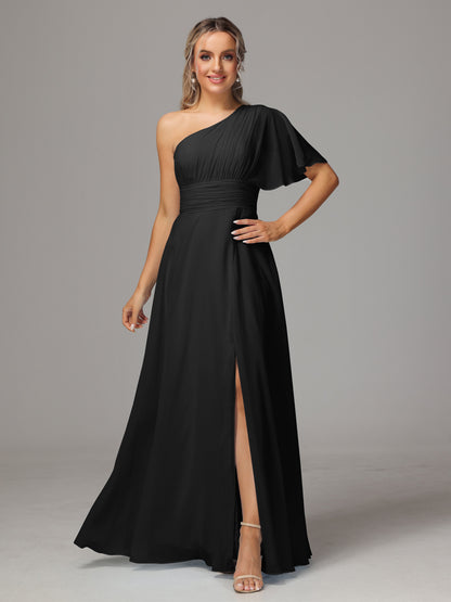 One Shoulder Chiffon Bridesmaid Dresses With Slit