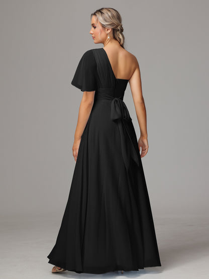 One Shoulder Chiffon Bridesmaid Dresses With Slit