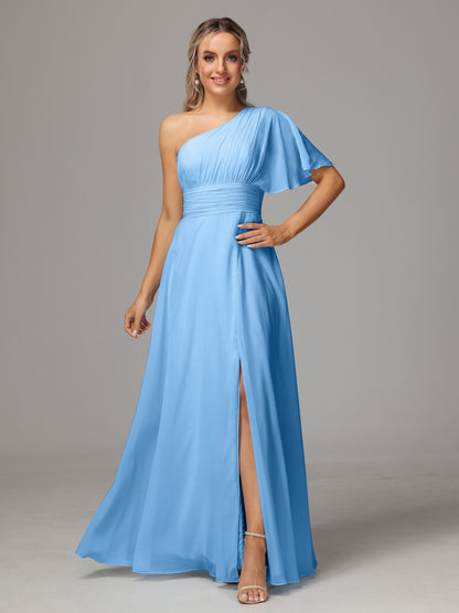 One Shoulder Chiffon Bridesmaid Dresses With Slit