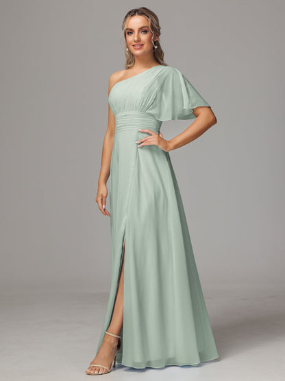 One Shoulder Chiffon Bridesmaid Dresses With Slit