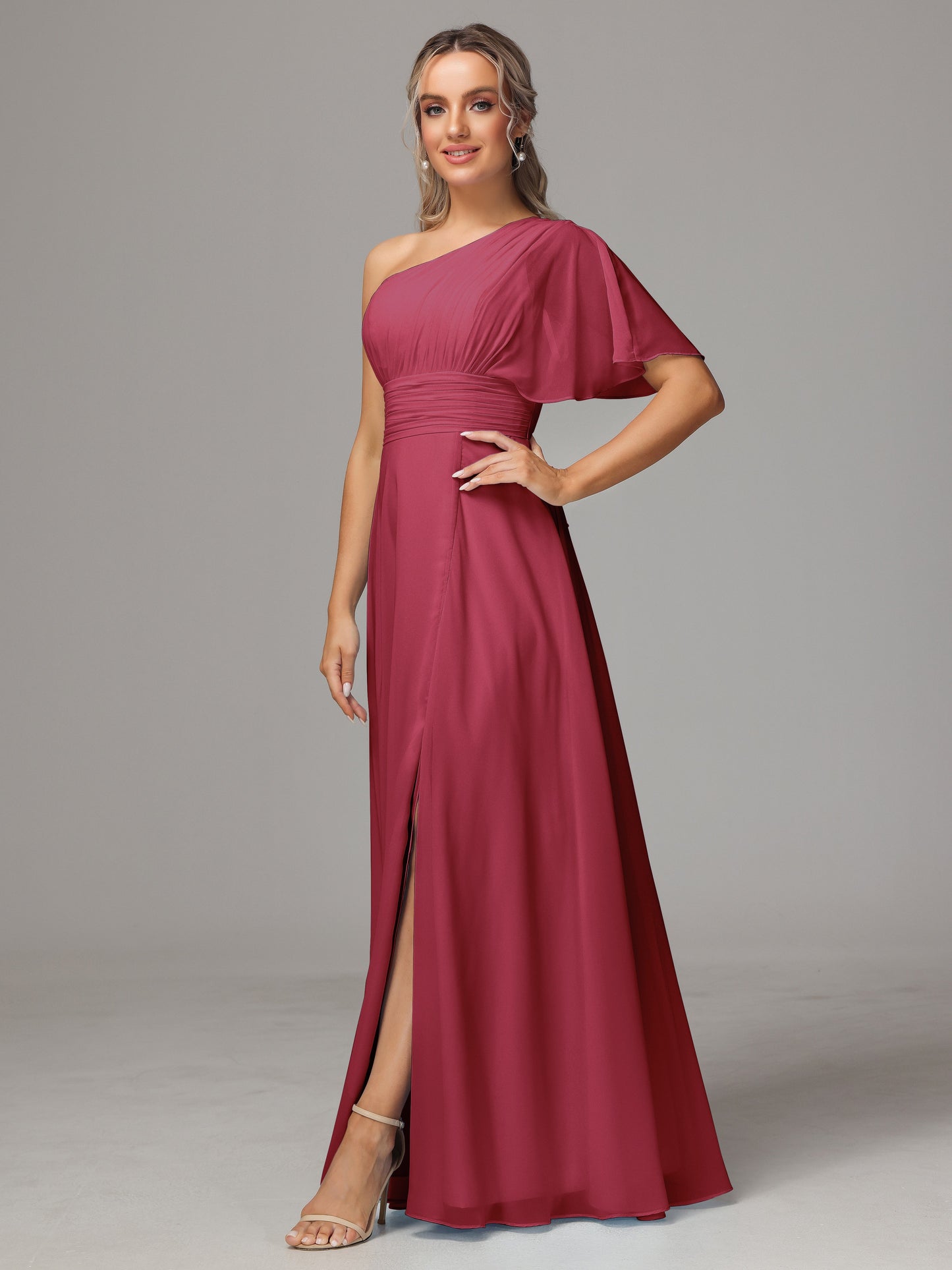 One Shoulder Chiffon Bridesmaid Dresses With Slit