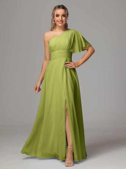 One Shoulder Chiffon Bridesmaid Dresses With Slit