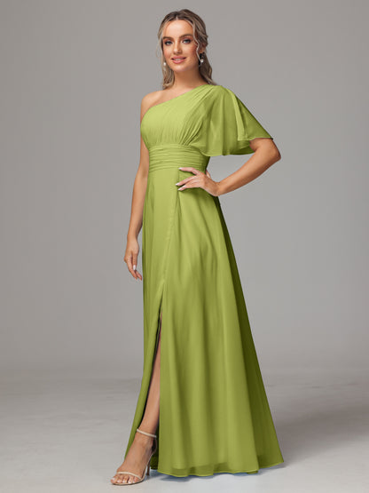 One Shoulder Chiffon Bridesmaid Dresses With Slit