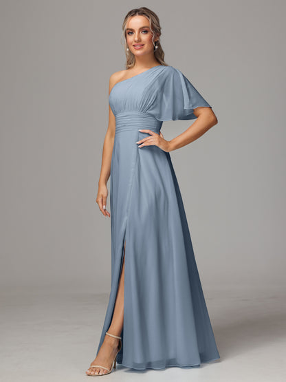 One Shoulder Chiffon Bridesmaid Dresses With Slit