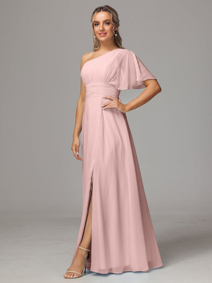 One Shoulder Chiffon Bridesmaid Dresses With Slit