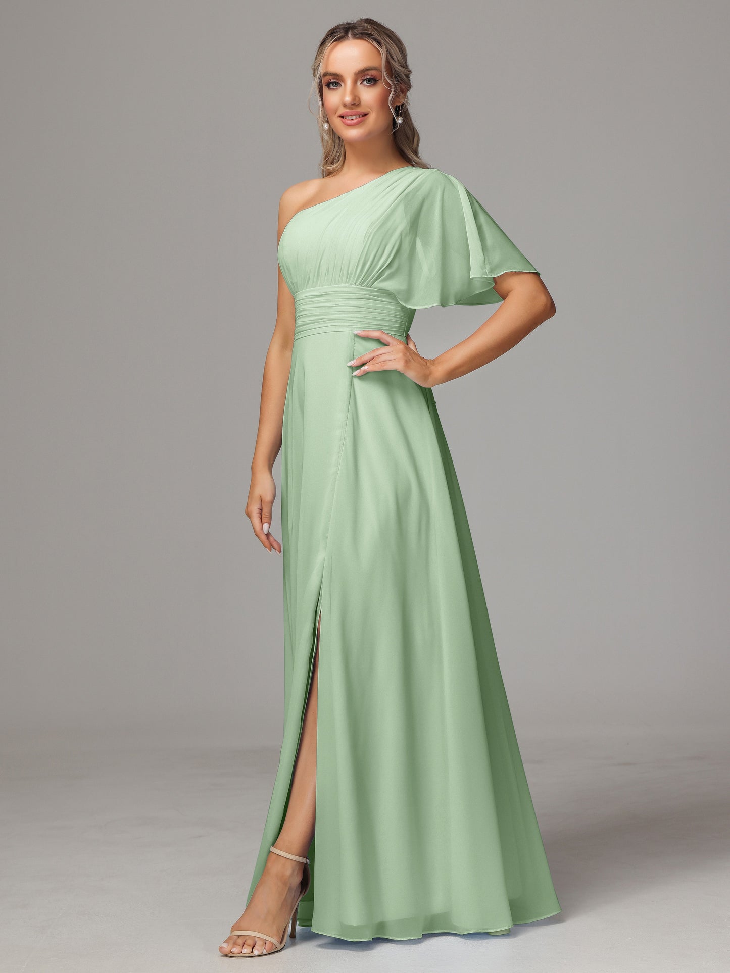 One Shoulder Chiffon Bridesmaid Dresses With Slit