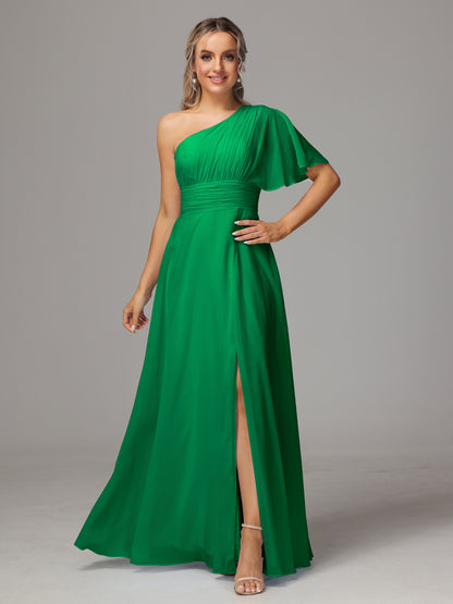 One Shoulder Chiffon Bridesmaid Dresses With Slit