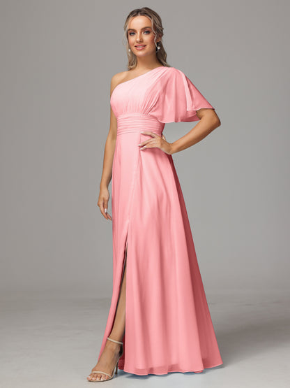 One Shoulder Chiffon Bridesmaid Dresses With Slit