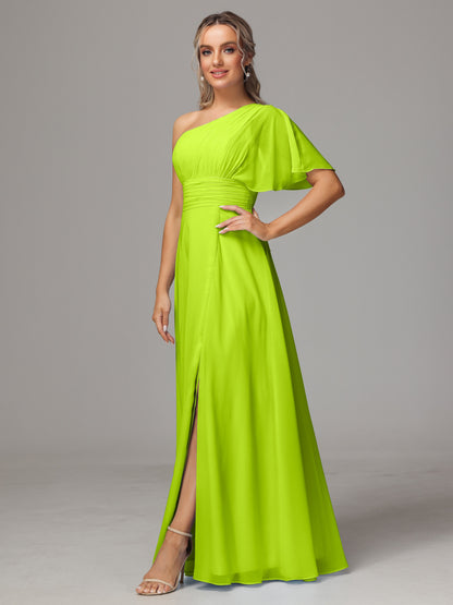One Shoulder Chiffon Bridesmaid Dresses With Slit