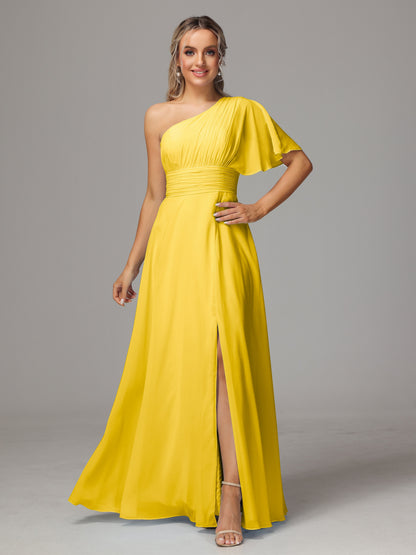 One Shoulder Chiffon Bridesmaid Dresses With Slit